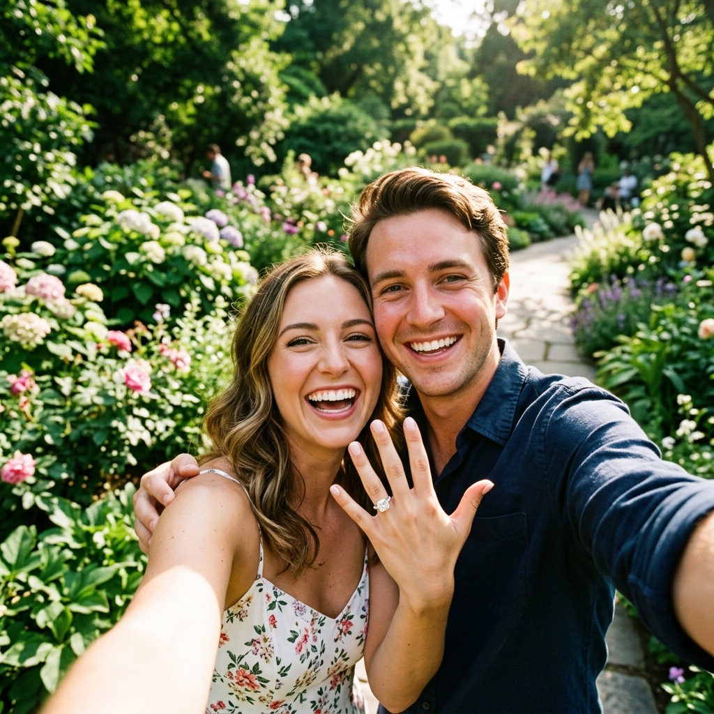 Happy couple proposal selfie